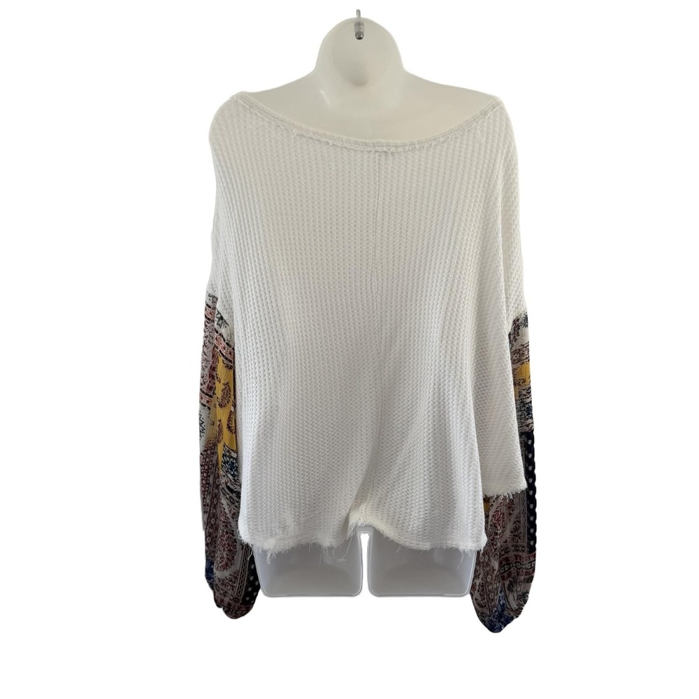 By Together Blouse Womens Small White Waffle Knit Boho Balloon Sleeve Top Raw - Picture 7 of 14